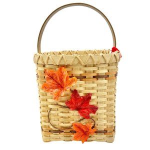 Handmade Basket Falling Leaves Square Shaped with Handle and Leaves Decoration